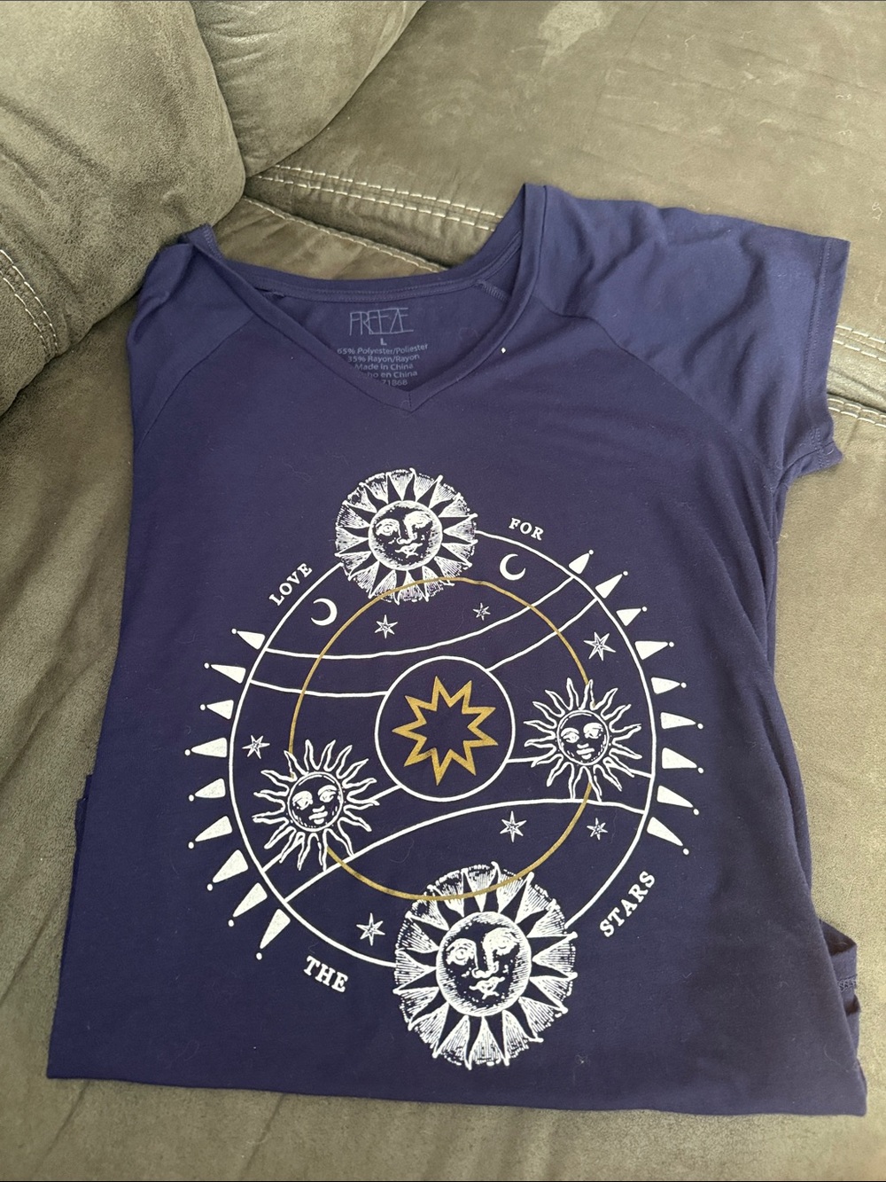 Freeze Navy V-Neck Celestial Graphic Tee with Gold Accents - Picture 1 of 3